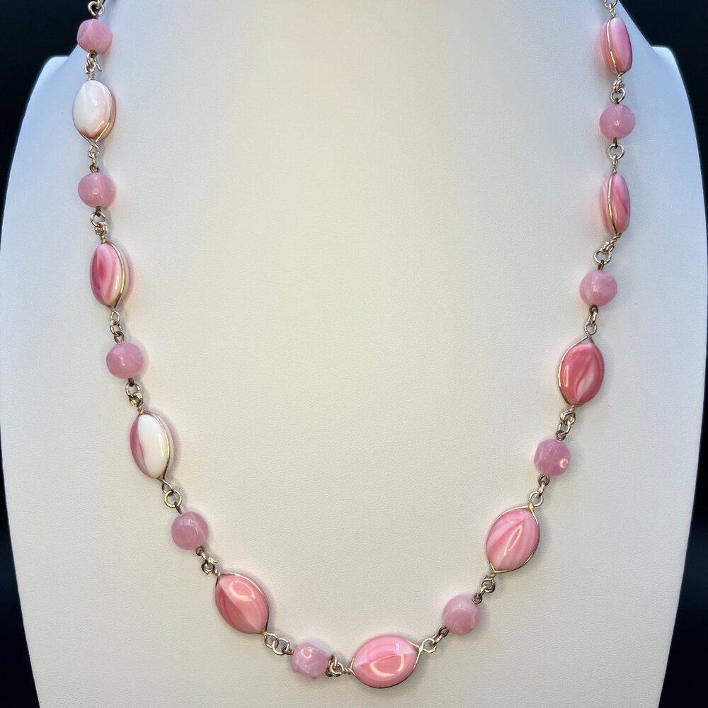 Vintage West Germany Necklace Pink White Glass Beads 1950s 1960s Gold Tone 12.5"